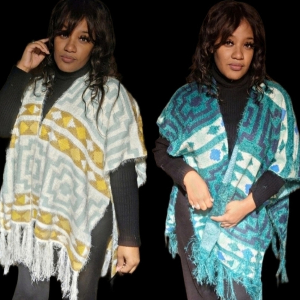 Free People Fuzzy Knit Boho Kimono – Teal & Navy Geometric – NWT (One Size) - Picture 3 of 3